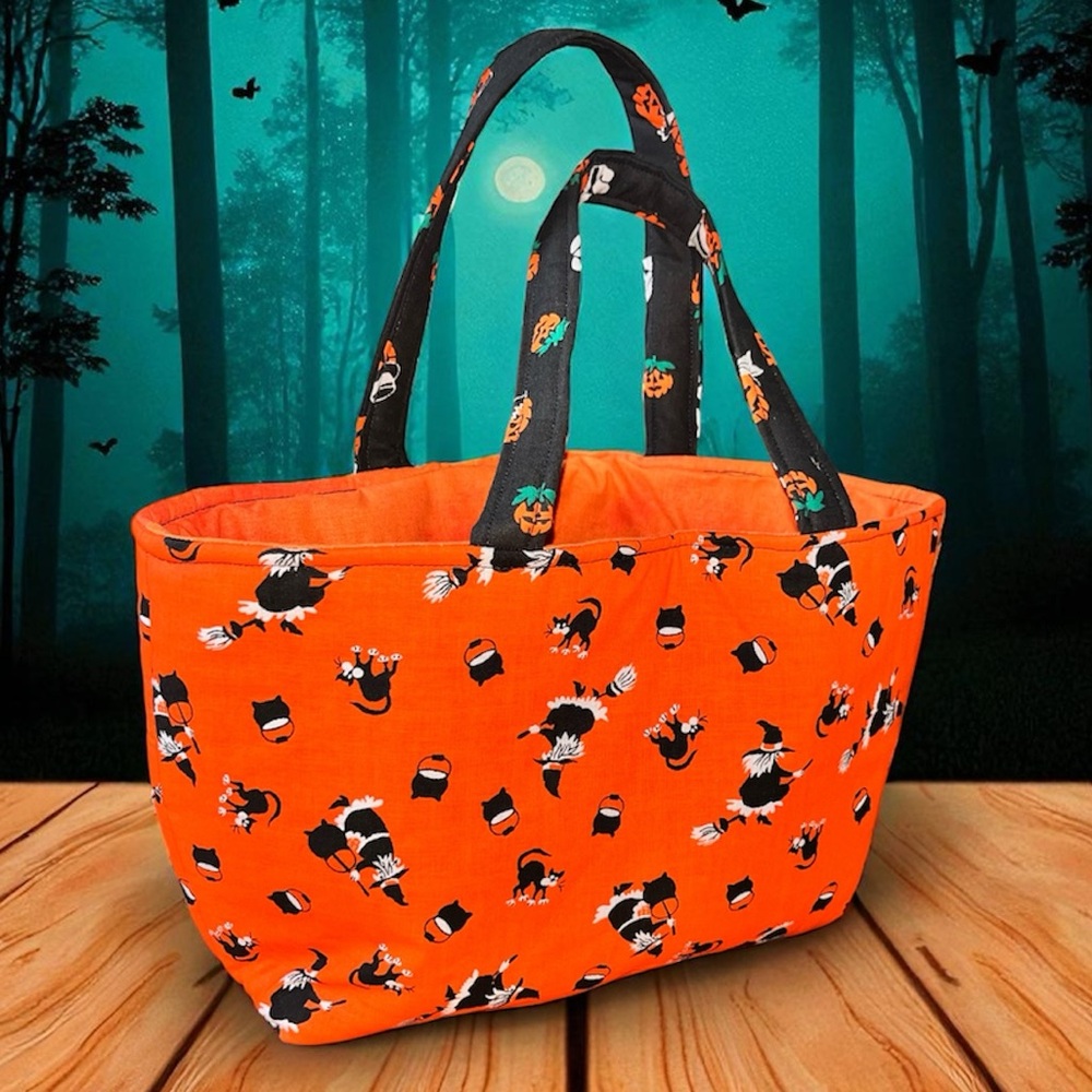 Vintage Retro handmade Halloween tote bag cats witches cauldron pumpkins